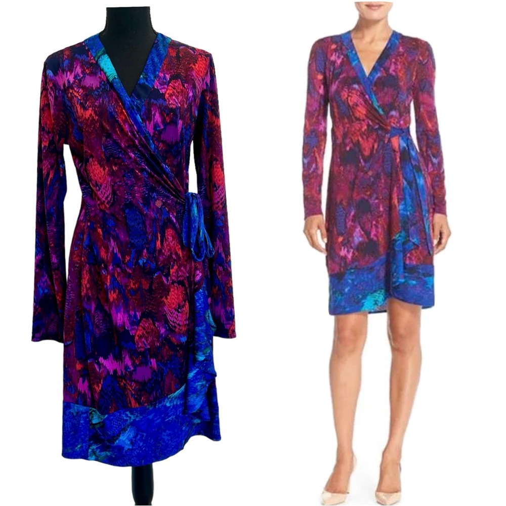 BCBGMAXAZRIA Purple Blue ‘Adele' Print Jersey Wrap dress Sz L